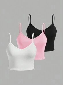 SHEIN EZwear 3 Peças Camisoles Femininas Casuais de Cor Sólida, Regatas Ajustadas Adequadas Para Tamanhos Grandes, Verão - Multicolorido - Visão 1