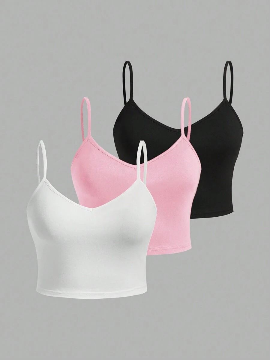 SHEIN EZwear 3 Peças Camisoles Femininas Casuais de Cor Sólida, Regatas Ajustadas Adequadas Para Tamanhos Grandes, Verão - Multicolorido - Visão 1