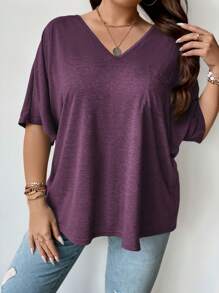 SHEIN CURVE+ 女士加大码简约纯色蝙蝠袖 T 恤，休闲时尚，适合日常穿着 - 紫色 - 查看 6
