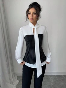 Chiquease 条纹领带领拼布面料优雅女士休闲长袖衬衫 - 白色 - 查看 3