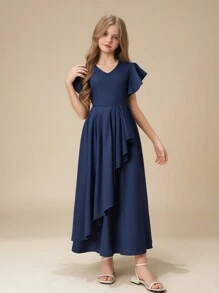 Tween Girl' V 领短款泡泡袖荷叶边腰连衣裙，优雅，适合婚礼、典礼、伴娘 - 藍色 - 查看 5