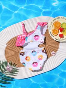 Baby Girl Simple & Casual Daily Swimsuit, Cute Cartoon Print  Double Ruffle One Piece Swimsuit With Adjustable Straps For Beach Vacation In Summer - Pink - View 2