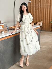 DAZY 女士纯色荷叶边腰部中长连衣裙花卉太阳裙 - 綠色 - 查看 5