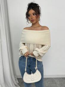 Chiquease 女士休闲露肩灯笼袖扭绳镂空宽松针织毛衣，春秋季针织套头衫秋冬毛衣 - 杏色 - 查看 5