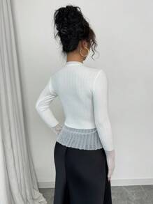 Chiquease Women Ribbed Round Neck Slim Fit Organza Half Sheer Sleeve Hemline Sweater, Spring/Summer Knit Pullover Fall Winter Sweater - White - View 2