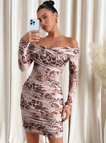 SHEIN Clasi Off-The-Shoulder Leopard Print Ruched Fitted Dress,Valentine's Day Dress