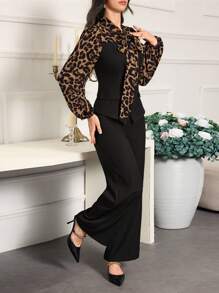 Modelyn 2pcs Women Leopard Print Tie Collar Bishop Sleeve Top And Pants Set - Black - View 7