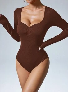 Easithlete 1 件女式纯色甜心领长袖修身无缝紧身衣 - 咖啡棕 - 查看 2