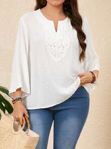 EMERY ROSE Camisa de manga larga de unicolor talla grande, outfit casual de moda simple para uso diario primaveral para mujeres de vacaciones