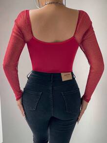 Zolique Women's Sexy Sweetheart Neck Glittery Mesh Long Sleeve Bodysuit, Red Bodysuit, Mesh Bodysuit, Red Body Suit, Rhinestone Bodysuit - Burgundy - View 2