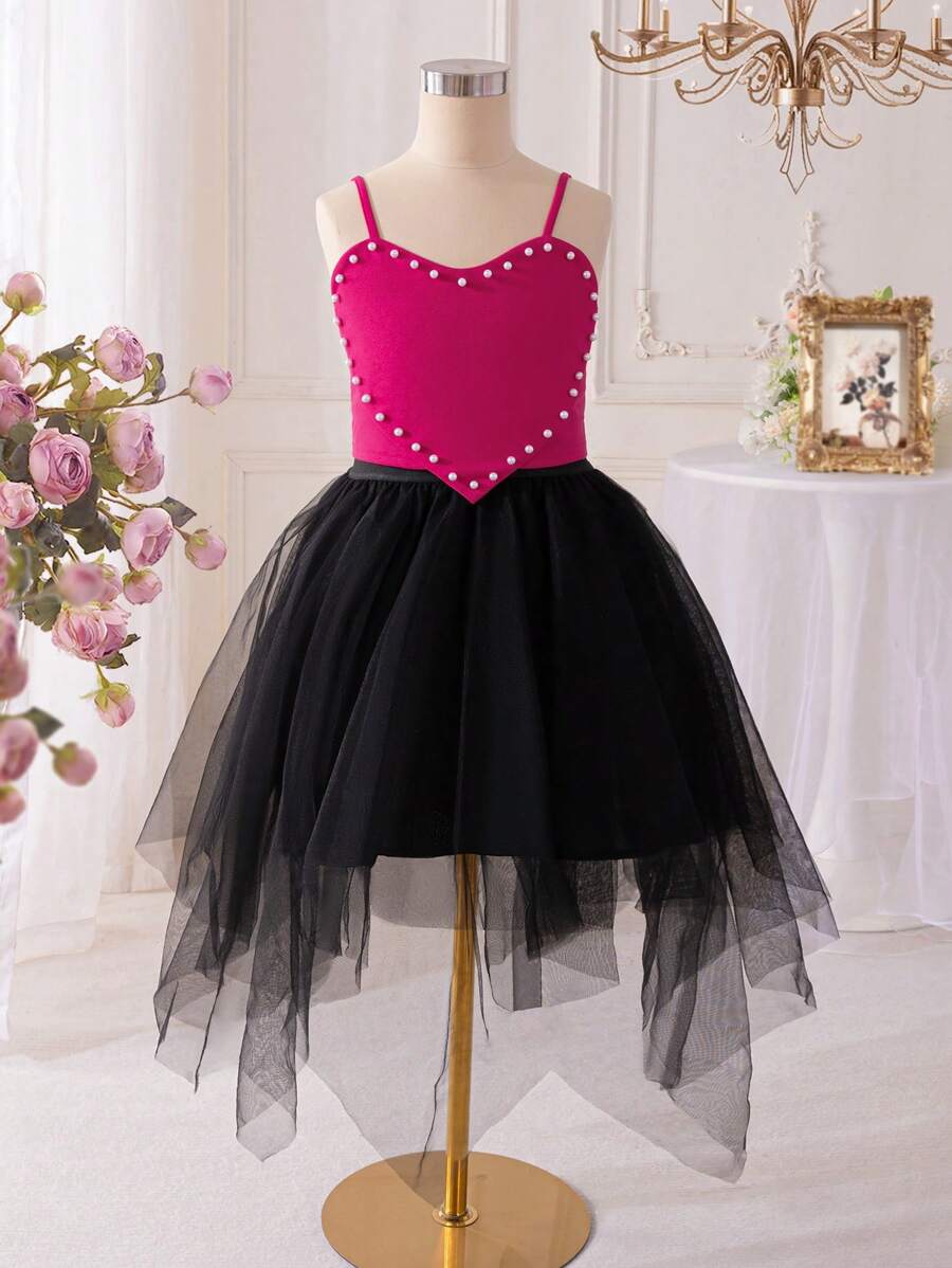 SHEIN 2pcs/Set Tween Girl Cute Short Heart Shape Pearl Decorated Camisole TOP Daily Casual Hanky Hem Mesh Overlay Skirt - Hot Pink - View 1