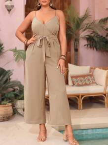 SHEIN VCAY Mono informal de pierna ancha de unicolor para mujer tallas grandes con aberturas laterales