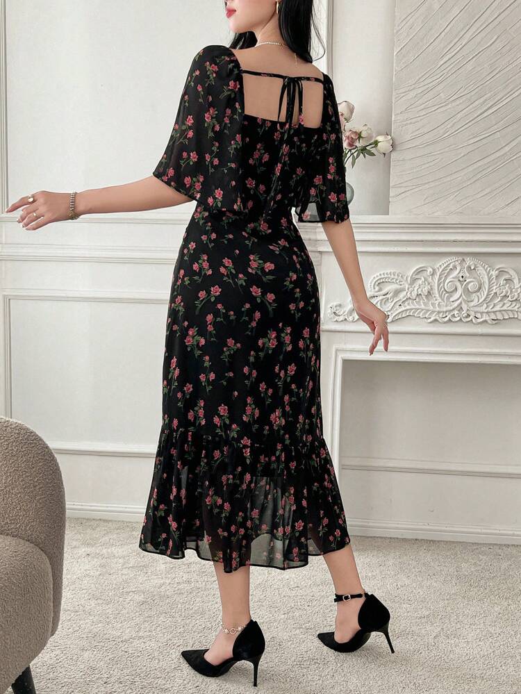 Women's Elegant Floral Chiffon Ruffle Collar Fish Tail Midi Dress, Summer,Milkmaid Dress Sundress Vacation Outfits Women Easter Boho
