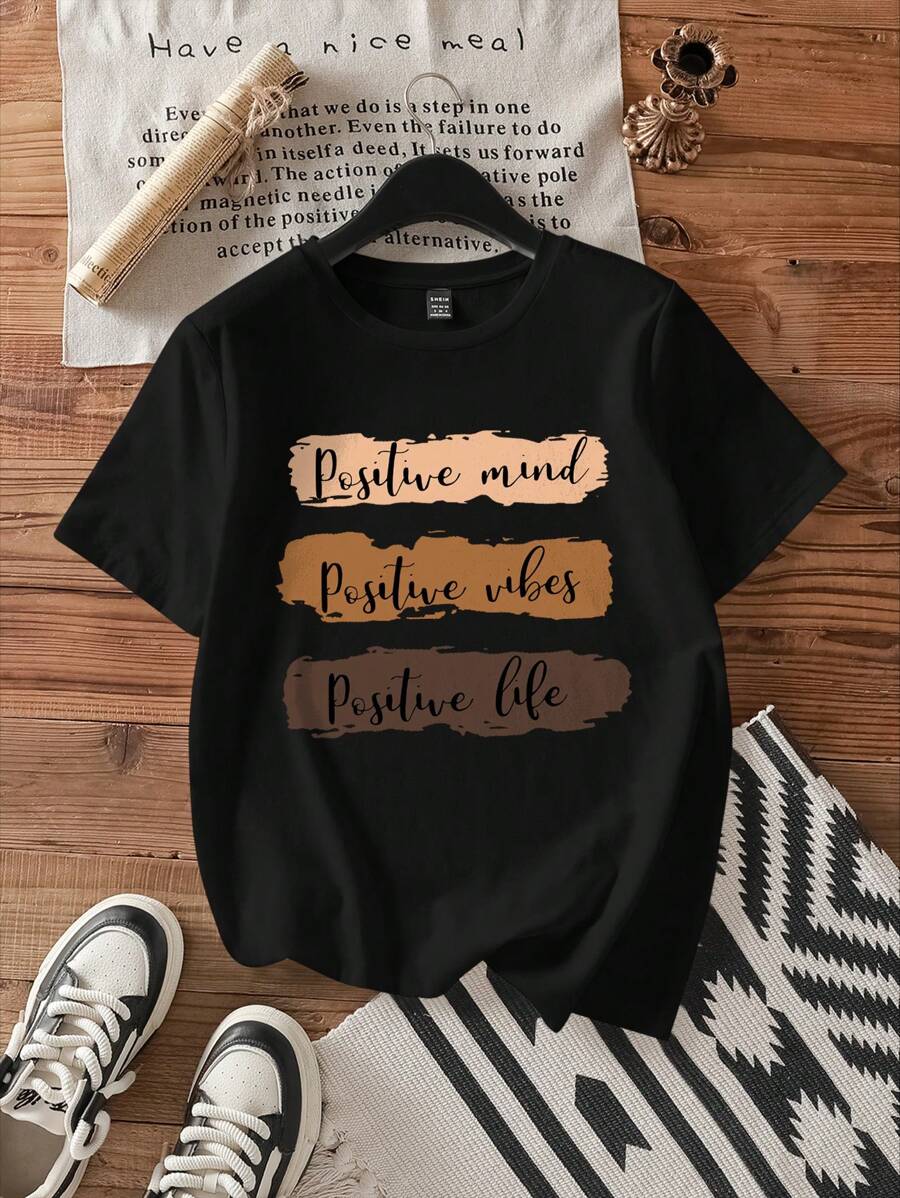 Attitoon 休闲宽松英文图案圆领短袖女式T恤，适合夏季套头衫 - 黑色 - 查看 1