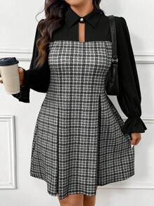 SHEIN Frenchy Plus Size Women Elegant Ruffles Sleeve Plaid Modest Dresses Tita Outfit Patchwork Midi Dress - Black - View 3