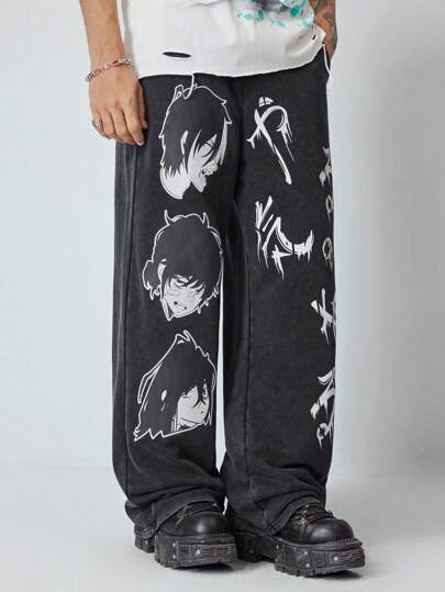 Men's Anime Cartoon Character Print Loose Fit Drawstring Waist Casual Sweatpants