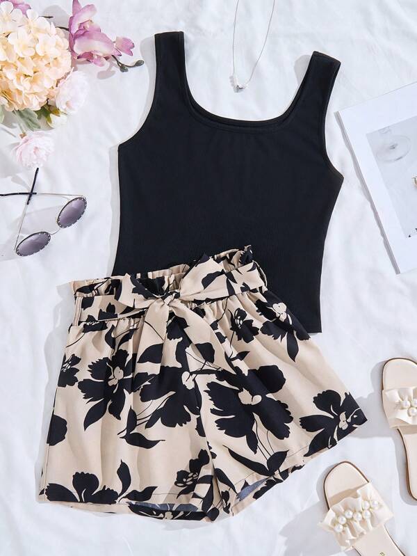 SHEIN Teen Girls Black Tank Top + Khaki Leaf Pattern Loose Shorts 2 Pieces Suit, Vacation Style Suitable For Summer Holiday Outfits