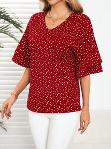 EMERY ROSE Valentine's Day Women Heart Print Top,Double Ruffled Short Sleeve T-Shirt - Multicolor - View 3