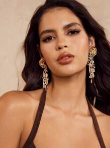 SHEIN BAE Fashionable Exaggerated Fluffy Leopard Print Tassel Crystal Beads Drop Earrings, Vintage Style, Unique Design