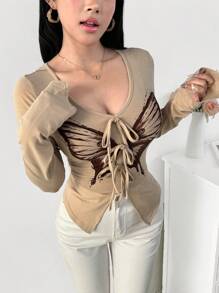 Modelyn 女士前系带长袖蝴蝶印花简约休闲上衣，日常穿着 - 卡其色 - 查看 4