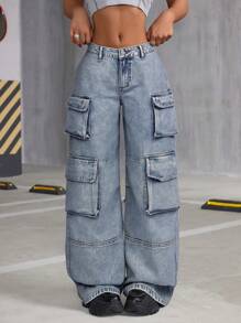 SHEIN ICON Women's Multi Pocket Loose Casual Wide Leg Cargo Jeans