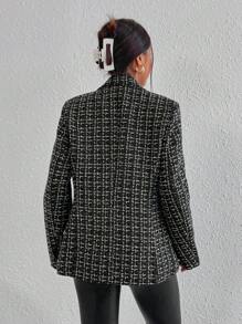 SHEIN Privé Plaid Print Double Breasted Blazer Workwear  - Black - View 2