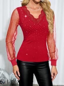SHEIN Clasi Women's Mesh Patchwork Rhinestone Sparkly T-Shirt, Casual Vacation - Red - View 5