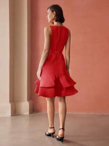 MOTF PREMIUM Vestido midi con cinturón, volantes y estampado floral - Rojo - Ver 6