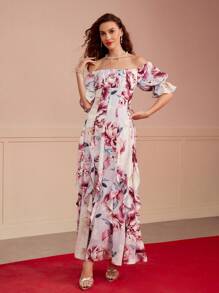 MOTF PREMIUM 花卉印花垂坠露肩连衣裙 - 彩色 - 查看 4