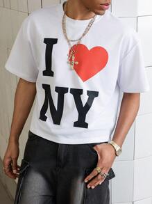 PAVTROS 男士字母与心形印花圆领短袖休闲 T 恤 - 白色 - 查看 7