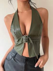 Aloruh 女款純色掛脖修身PU上衣，休閒度假風，軍綠色上衣，Y2K風格，演唱會女裝 - 軍綠色 - 查看 4