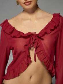 MISSGUIDED Ruffle Trim Sheer Crop Blouse With Front Tie Detail Long Sleeve Holiday Party Evening Top Lightweight Festival Spring Summer Christmas