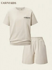 SHEIN 2pcs Boys Simple Pattern Short Sleeve T-Shirt & Shorts Set, Casual Versatile Summer New Arrival - Apricot - View 2