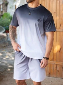 ResortEase Plus Size Men Gradient Palm Tree Print Short Sleeve T-Shirt And Shorts Set
