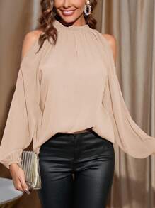 Amorya 女士优雅通勤纯色露肩灯笼袖衬衫 - 杏色 - 查看 6