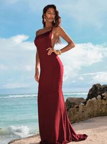 Opulessa Solid Color Knit Backless Fitted Mermaid Dress For Women - Burgundy - View 7