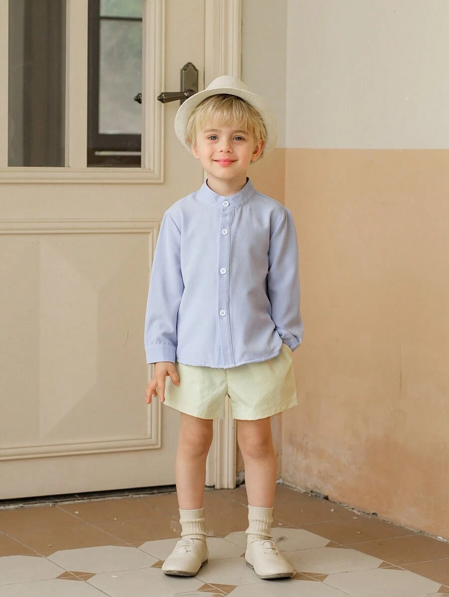 Souflis Souflis 2 件套男童复古法式纹理立领长袖衬衫 + 短裤，春夏 - 淺藍色 - 查看 1