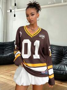 Coolane 女士秋冬休闲运动装数字图案大码长袖平纹 T 恤 - 彩色 - 查看 2