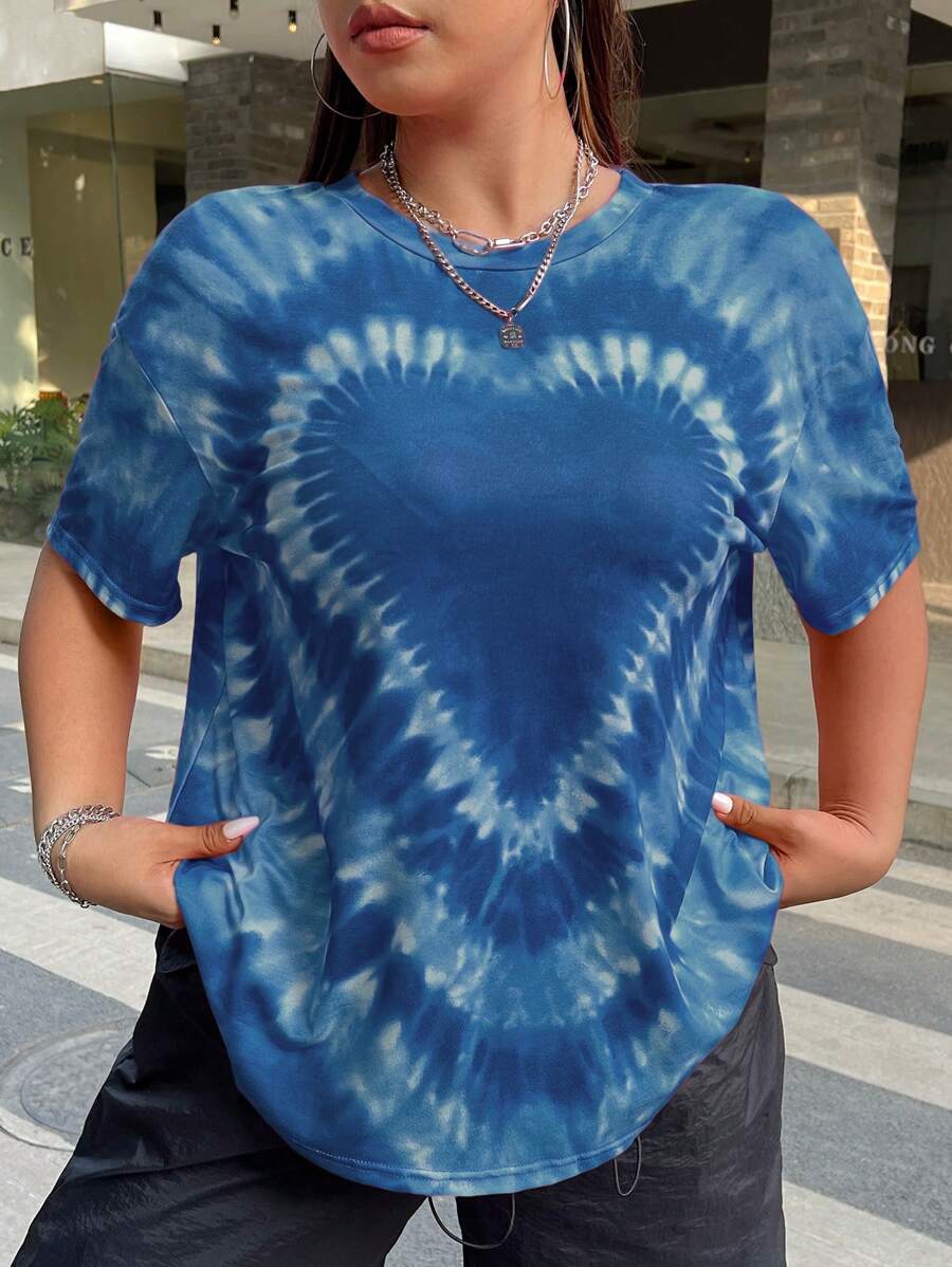 SHEIN EZwear 大码女式休闲圆领落肩短袖扎染心形图案 T 恤夏季 - 藍白色 - 查看 1