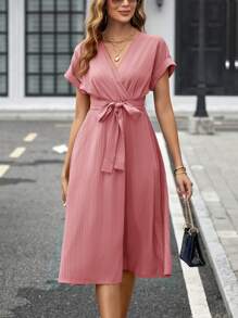 SHEIN Clasi V Neck Criss-Cross Solid Color Waist Belt Short Sleeve Midi Women Dress - Baby Pink - View 4