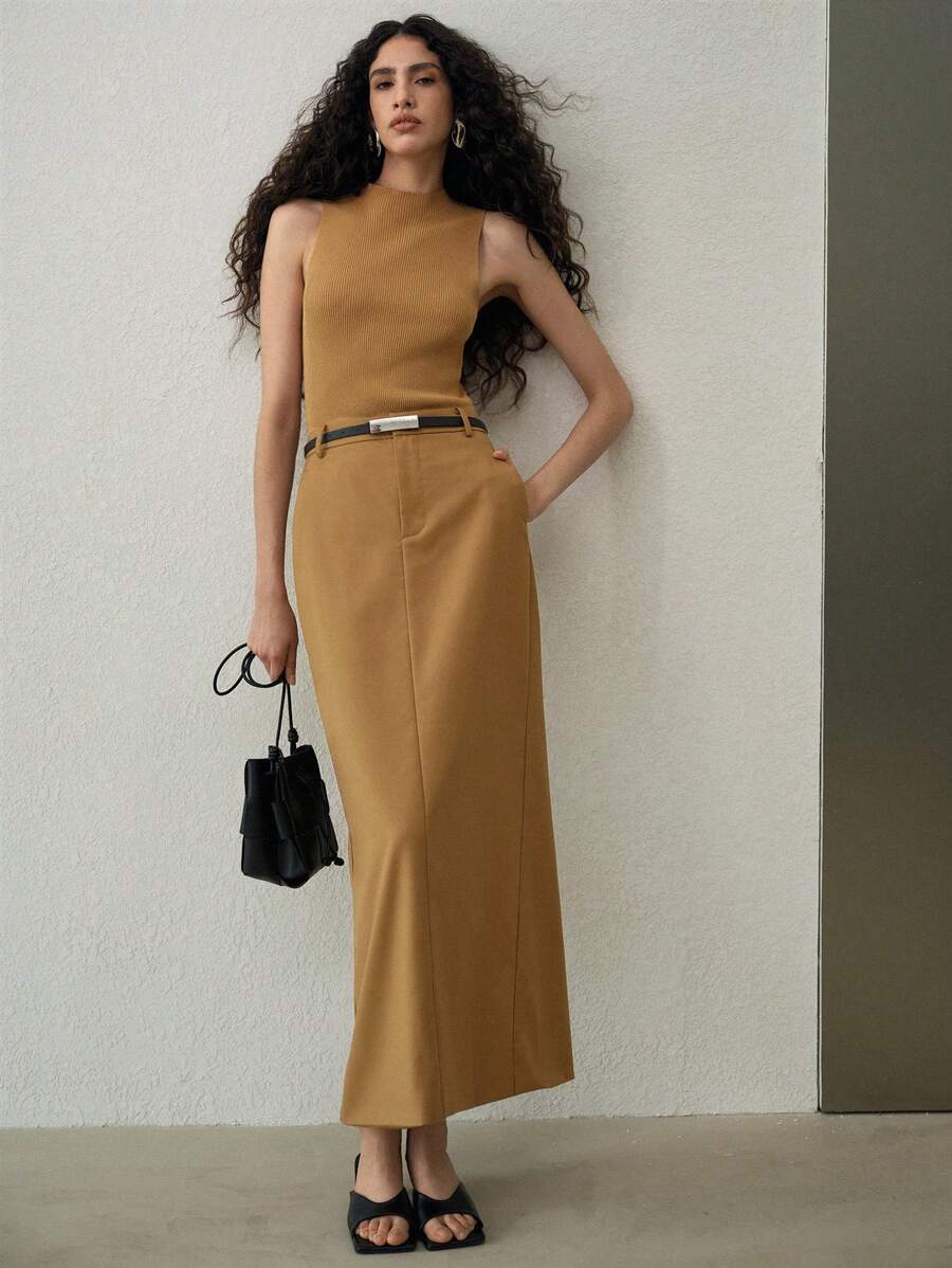 MOTF PREMIUM STRAIGHT SPLIT HEM BELTED SKIRT - Khaki - View 1