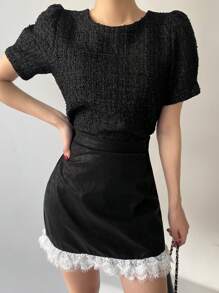 DAZY Women Textured Fabric Drawstring Short Sleeve Crew Neck Pullover Blouse, Spring/Summer Turtleneck Women - Black - View 4