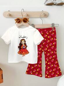 SHEIN 可爱斋月月亮和花朵印花女婴休闲简约短袖圆领 T 恤 + 喇叭裤套装，适合春夏季 - 彩色 - 查看 6