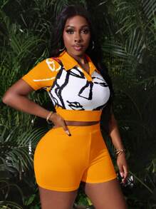 Slaydiva 1 Set V-Neck Portrait Print Cropped Tight Top And Tight Mini Shorts, Vacation Outfit - Style C - Coral Orange - View 5