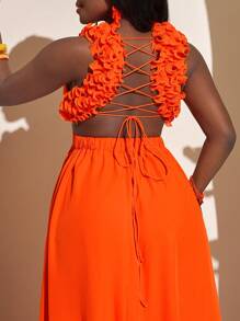 Slaydiva 分层荷叶边 V 领长裙 - 橙色 - 橘色 - 查看 3