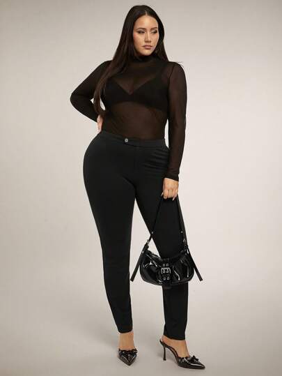 SHEIN BAE 大码女式黑色优雅休闲紧身长款打底裤，不对称腰带，极简主义风格瑜伽裤，成熟女性的高街时尚，高/低腰可调节针织弹性塑身全长裤，适合约会、日常穿着、情人节、狂欢节、海滩、度假、返校、毕业典礼、派对、通勤、工作