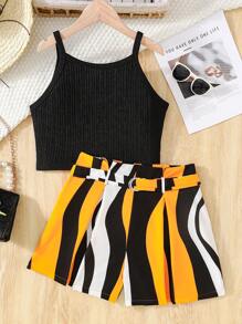 SHEIN Leap Crew Teen Girl Textured Strap Top And Geometric Wave Pattern Shorts Casual 2 Pieces Set - Multicolor - View 1