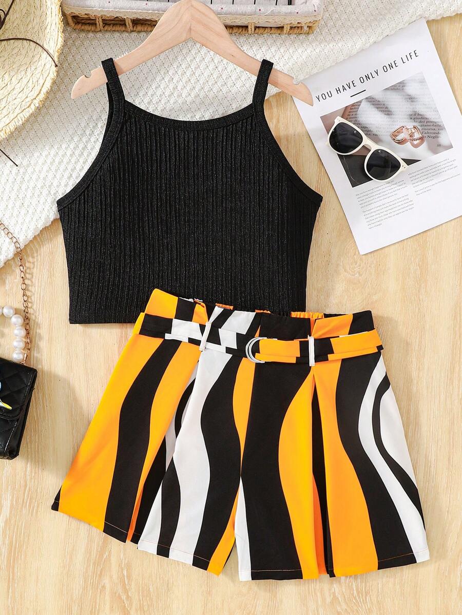 SHEIN Leap Crew Teen Girl Textured Strap Top And Geometric Wave Pattern Shorts Casual 2 Pieces Set - Multicolor - View 1