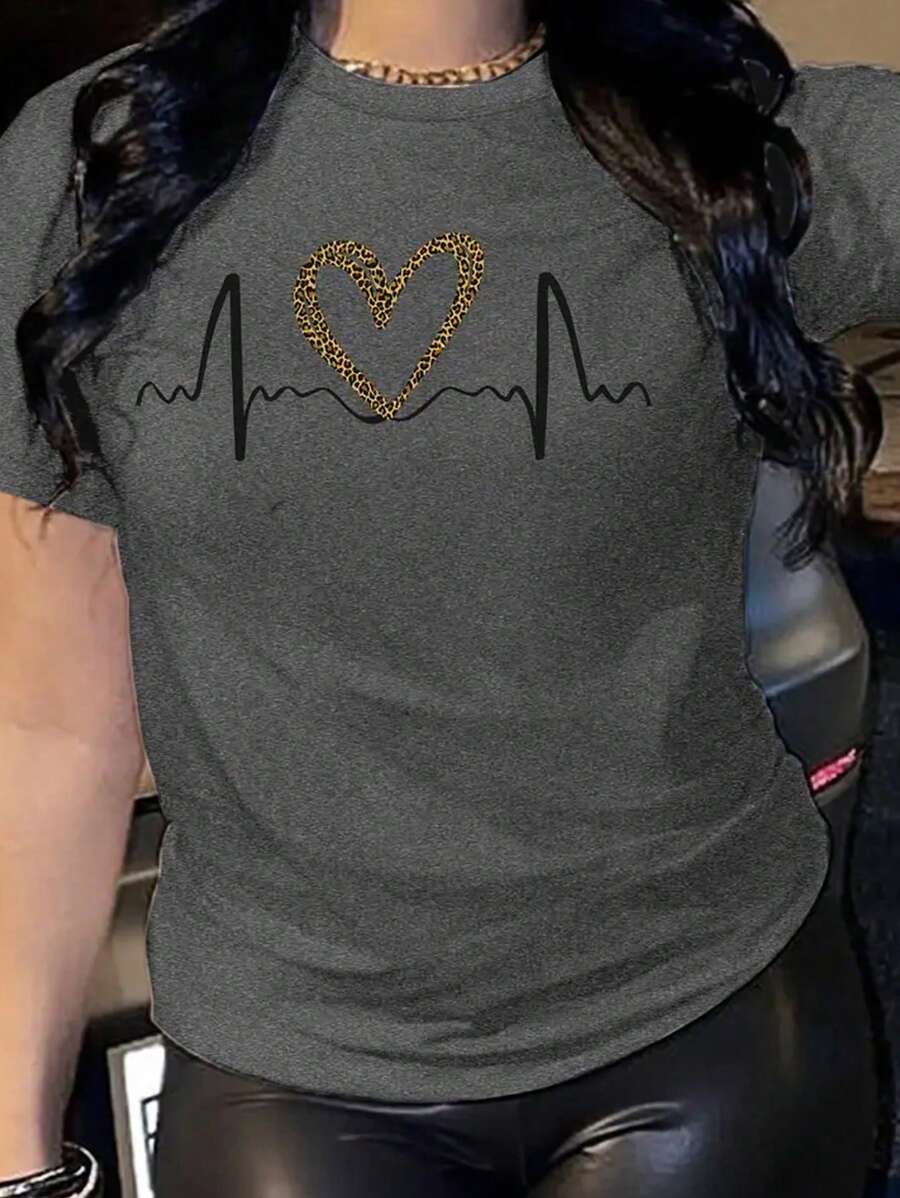 Flirla 大码女式心跳印花圆领短袖休闲夏季 T 恤 - 深灰色 - 查看 1