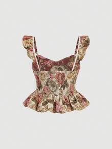 SHEIN MOD Plus Size Women's Vintage Palace Jacquard Romantic Velvet Lace-Up Ruffle Trim Blouse.70S - Multicolor - View 2